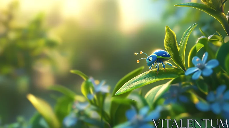 Cartoon blue ladybug rests on dewy leaf in soft bokeh garden
