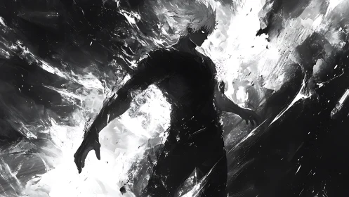 Monochrome energy figure in explosive abstract light field