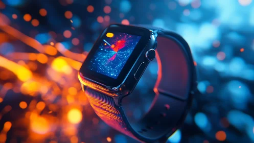 Smartwatch with digital nebula display in colored bokeh field.