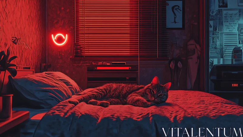 Domestic bedroom interior with cat under red neon light.