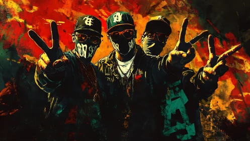 Urban street trio throwing peace signs in neon chaos.