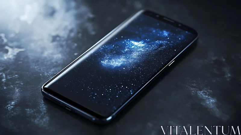 Modern smartphone with galaxy display on dark surface.