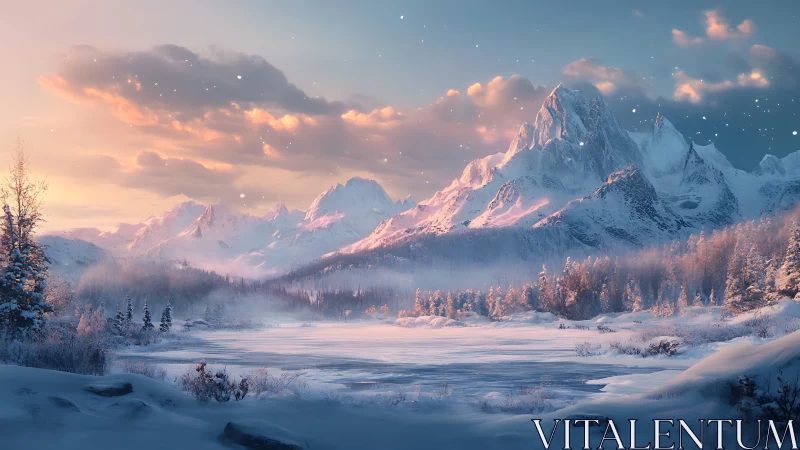 Aurora-kissed winter peaks guarding a hush-frozen valley.