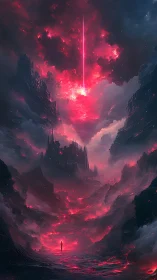 Crimson Rift Pilgrim beneath a Falling Starstorm Sky.