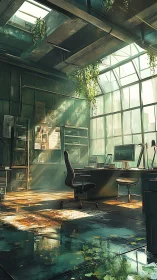 Sunlit studio office with lush indoor greenery and glass roof.
