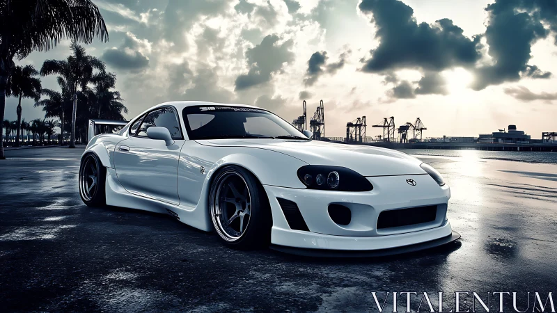 Widebody white coupe under moody portside sunset sky.