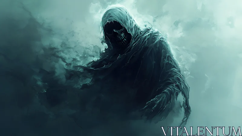 Hooded skeletal wraith emerges from swirling teal mist