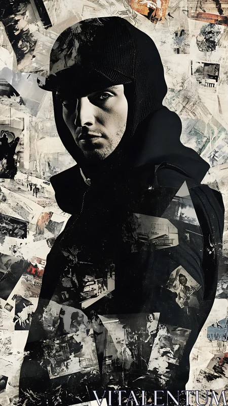 Hooded male portrait over grunge collage of fragmented photos