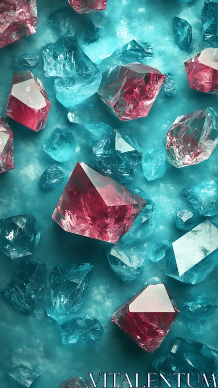 Crystalline dance of cyan shards and faceted ruby prisms.