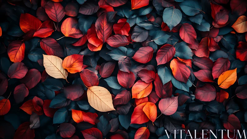 Crimson and teal foliage pattern under soft autumn light.