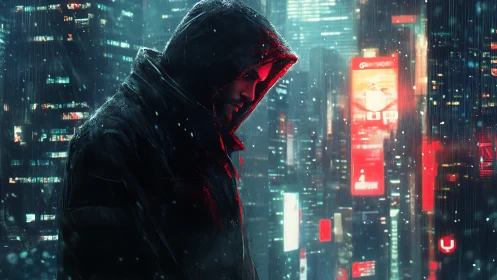 Hooded lone figure walks through neon rain in cyberpunk city
