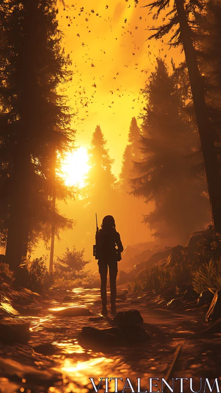 Backlit tactical silhouette in volumetric forest sunset field.