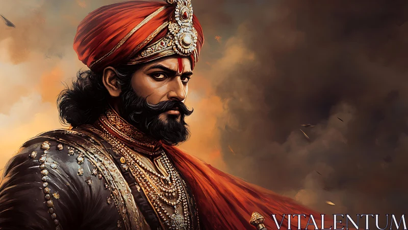 Regal warrior portrait in ornate armor and red turban.