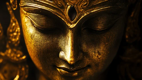 Close-up view of a golden sculpted deity face in shadow.