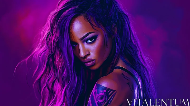 Purple lit cyberpunk woman with long hair and tattoo.