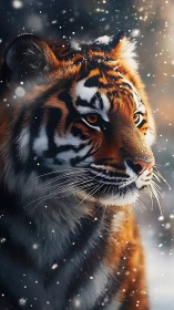 Majestic tiger portrait in softly lit drifting winter snow.