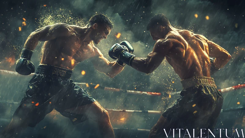 Two Fighters Clash in Rain-Soaked Arena.