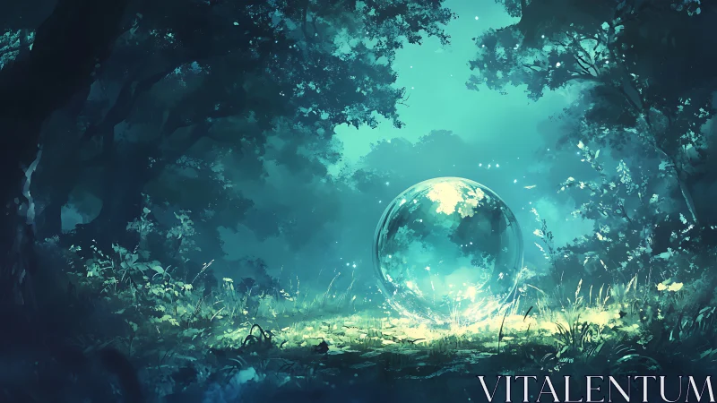 Enchanted glass sphere glows softly in a moonlit forest glade