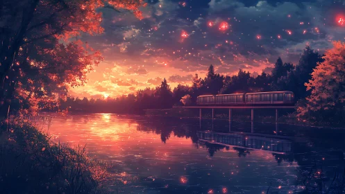 Sunset-lit monorail crossing reflective river under ember-like sky