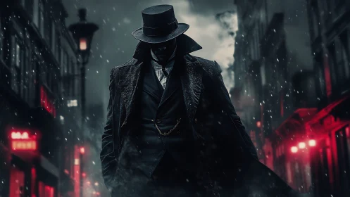Midnight gentleman stalks neon alleys in swirling storm shadows.