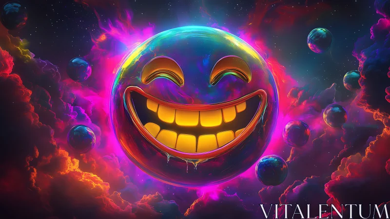 Neon smiley planet amid glowing cosmic clouds and orbs.