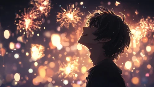 Anime boy watching golden fireworks in glowing night sky.