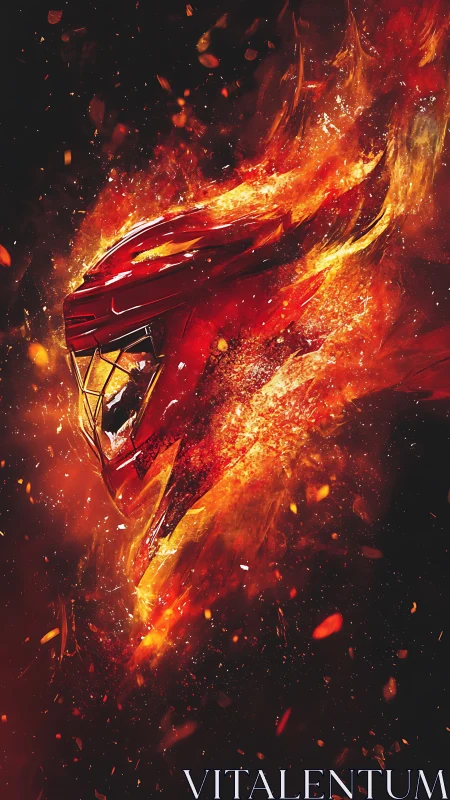 Flaming red sports helmet exploding through dark void.