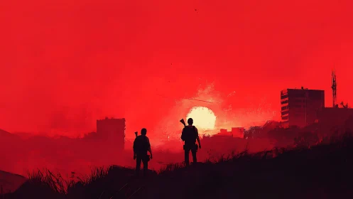 Survivors watch burning red sunset over ruined city.