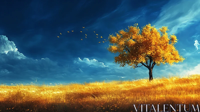 Vibrant autumn tree in golden field with dramatic sky, digital art.