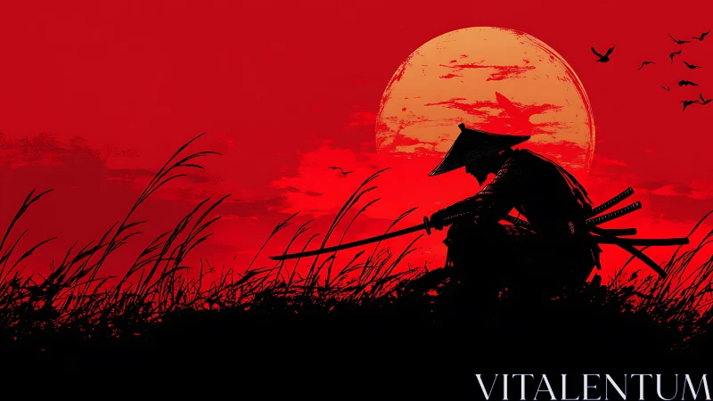 Ronin silhouette holds blades beneath bloodred sunset sky.