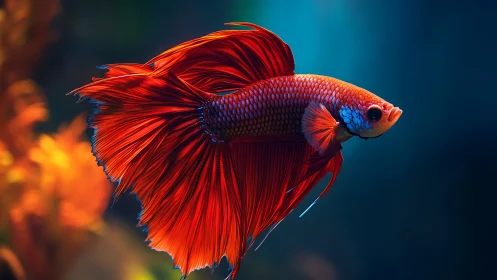 Scarlet betta ballerina swirling through twilight water.