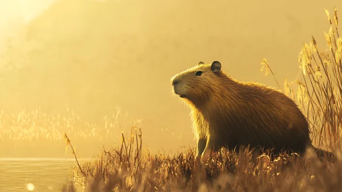 Golden capybara rests beside misty river at sunrise.