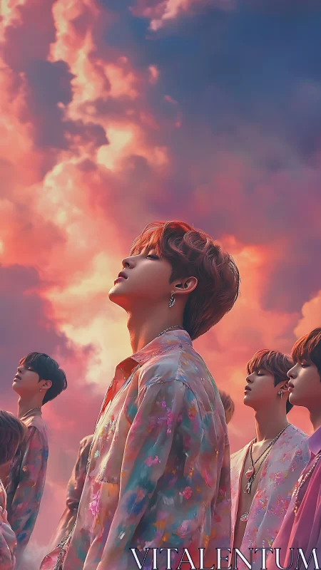 Digital painting of ethereal youth collective under blazing sky.