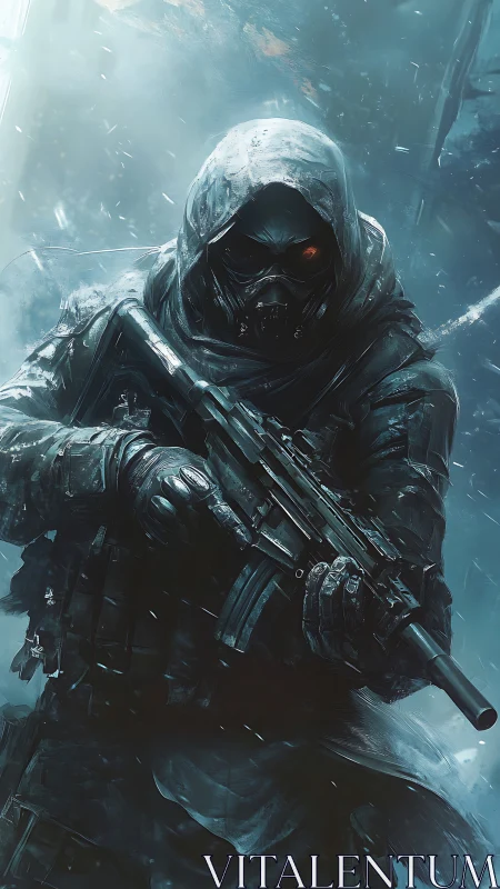 Hooded sci fi sentinel waits in the storm with steady focus.