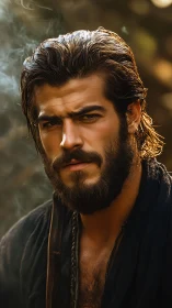 Bearded man stands outdoors in warm cinematic lighting