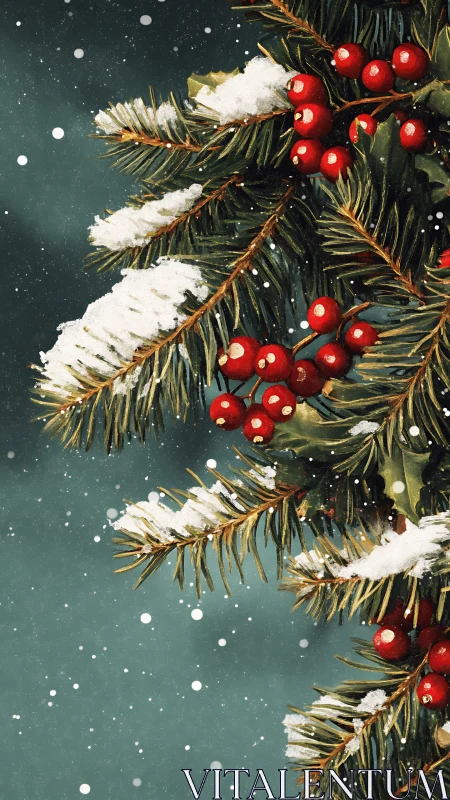 Snow covered pine branches with red berries detail.