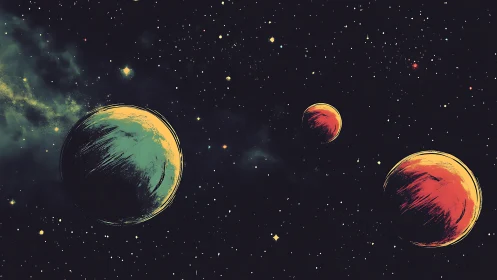 Trio of stylized planets drift through dense star field