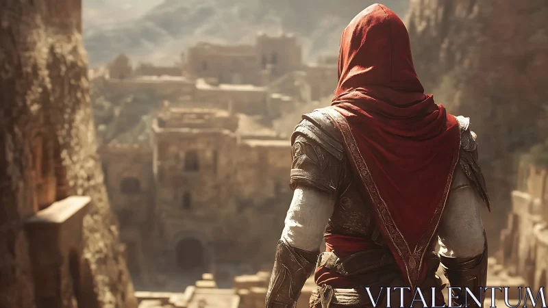 Hooded warrior overlooks sunlit desert fortress ruins.