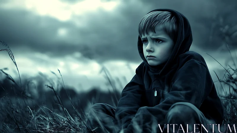 Melancholic boy in dark field under looming storm clouds.