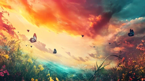 Butterflies cross vivid gradient sky over stylized meadow