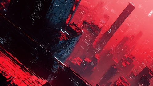 Oblique cyberpunk megacity under saturated red atmospheric bloom.