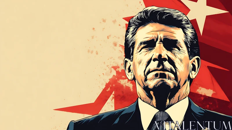 Resolute leader framed by stark red banners of power.