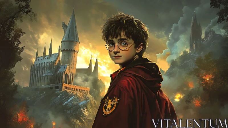 Young robed figure before gothic castle at dusk period.