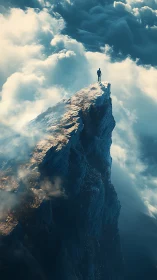 Solitary human figure stands on narrow mountain summit ridge