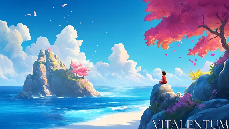 Solitary dreamer gazes across luminous waters toward flowered horizons