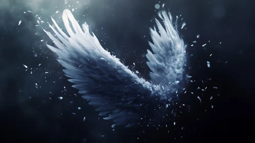 Symmetrical feathered wings extend outward amid scattered debris
