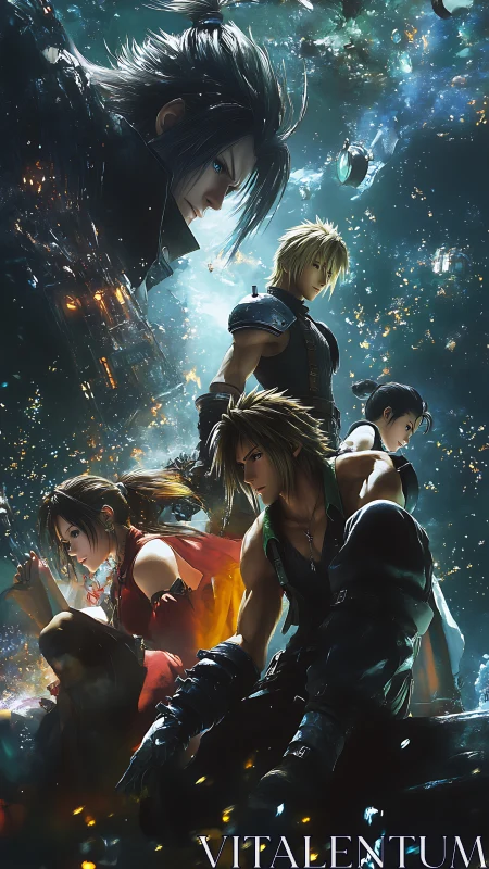 Heroic anime squad framed in luminous cosmic debris field