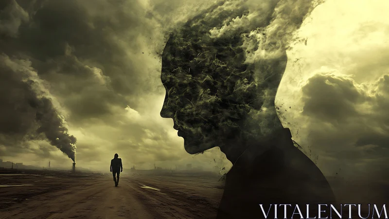Silhouetted man in wasteland within stormy human profile.