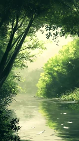 Sunlit River Through Forest Canopy.