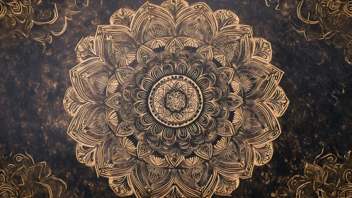 Ornate golden mandala blooms over textured dark canvas.